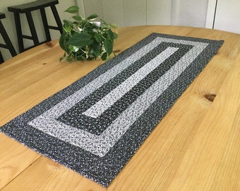 Black Quilted Table Runner Handmade Rectangle Patchwork Black and White Log Cabin Table Centerpiece
