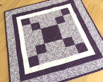 Purple Quilted Table Topper Handmade Purple and White Geometric Square Patchwork Table Centerpiece