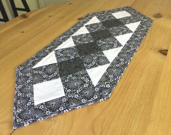 Gray Quilted Table Runner Handmade Charcoal Gray White and Black Patchwork Table Centerpiece