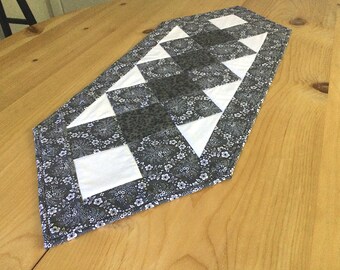 Gray Quilted Table Runner Handmade Charcoal Gray White and Black Patchwork Table Centerpiece