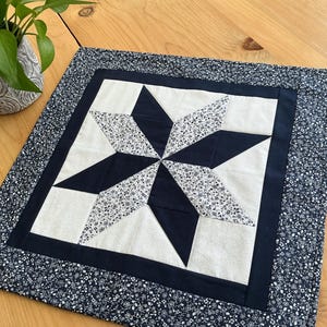 Quilted Table Topper: Blue White Geometric Star, 18" Square Cotton Patchwork