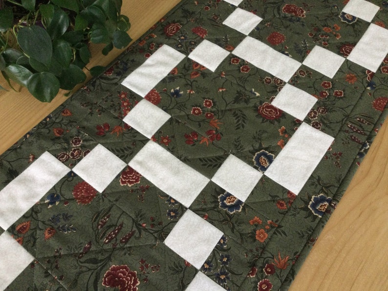 Handmade Green Quilted Table Runner Rectangle Forest Green and Cream Floral Patchwork Centerpiece image 3