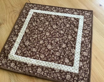 Quilted Brown Table Topper Handmade Square Floral Patchwork