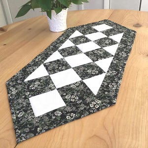 Black Pointed Quilted Table Runner: Handmade Floral Black and White Patchwork