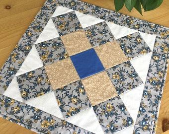 Quilted Table Topper Blue Gray and Tan Handmade Square Patchwork Table Centerpiece