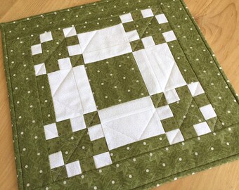 Green Quilted Table Topper Handmade Square Green and White Patchwork Table Centerpiece