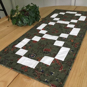 Handmade Green Quilted Table Runner Rectangle Forest Green and Cream Floral Patchwork Centerpiece image 4