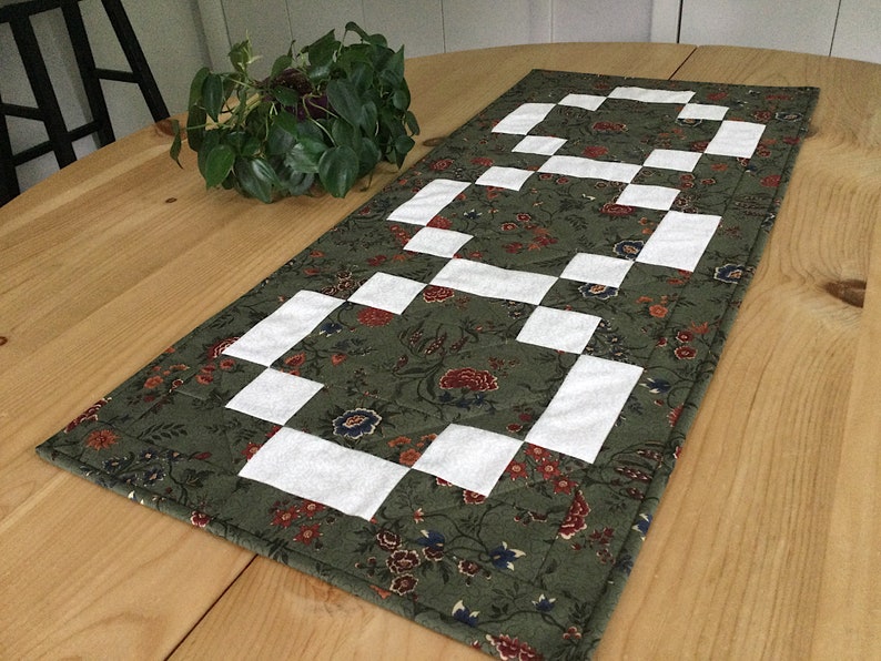 Handmade Green Quilted Table Runner Rectangle Forest Green and Cream Floral Patchwork Centerpiece image 4