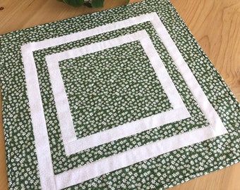 Green Quilted Table Topper Handmade Square Green and White Floral Table Mat