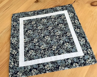 Handmade Blue Quilted Table Topper: Navy Blue and White Floral Patchwork