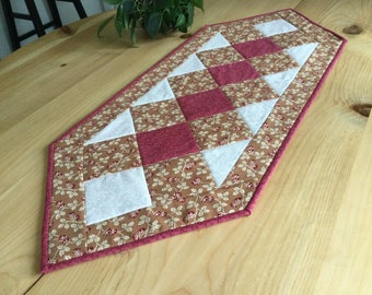 Quilted Table Runner Tan Red and Cream Handmade Patchwork Table Centerpiece