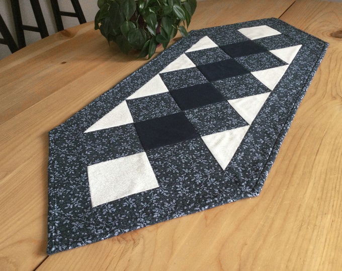 Navy Blue Quilted Table Runner Handmade Blue and White Patchwork Table