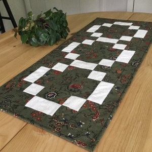 Handmade Green Quilted Table Runner Rectangle Forest Green and Cream Floral Patchwork Centerpiece image 1