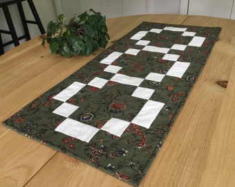 Handmade Green Quilted Table Runner Rectangle Forest Green and Cream Floral Patchwork Centerpiece