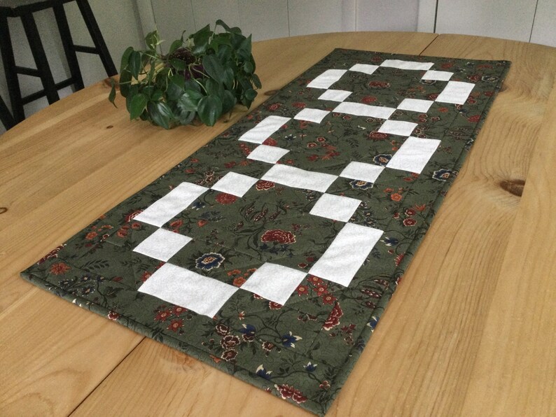 Handmade Green Quilted Table Runner Rectangle Forest Green and Cream Floral Patchwork Centerpiece image 1