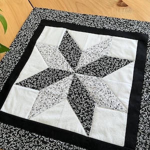 Quilted Table Topper: Handmade 18” Black White Star Patchwork