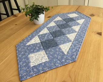 Quilted Blue Table Runner Handmade Light Blue and White Floral Patchwork Table Centerpiece