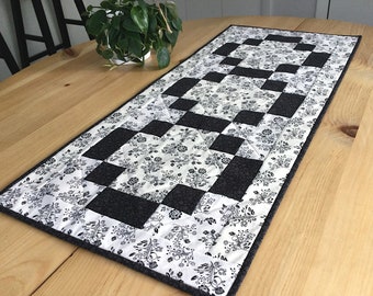 Quilted Black and Cream Table Runner Handmade Black Patchwork Rectangle Table Centerpiece