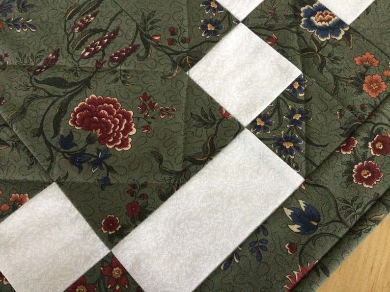 Handmade Green Quilted Table Runner Rectangle Forest Green and Cream Floral Patchwork Centerpiece image 2