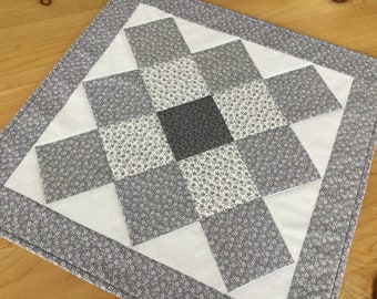 Gray Quilted Table Topper Handmade Square Gray and White Patchwork Table Runner