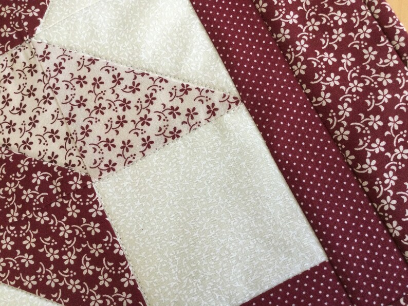 Quilted Burgundy Table Topper Handmade Square Star Red and Cream Floral Table Runner image 3