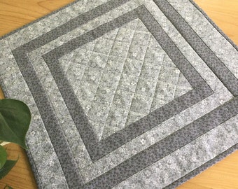 Gray Quilted Table Topper Handmade Square Gray and White Patchwork Table Runner