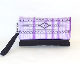 Purple Tie Dye Native Print Fold Over Clutch with Wrist Strap