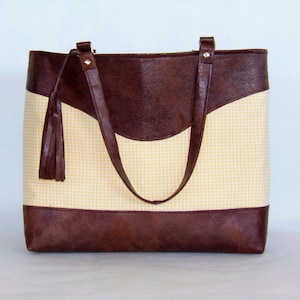 Brown Leather and Yellow Gingham Everyday Tote Bag with optional Matching Scissor Case - Crochet Needle Wrap - synthétique