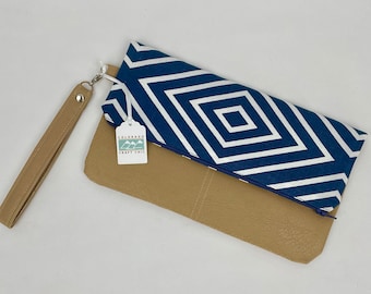 White and Navy Geometric Print Fold Over Clutch with Wrist Strap