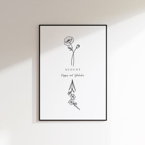 August Birth Month Flower Wall Art | Minimalistic Birthday Gift | Poppy Gladiolus | A4 Instant PDF Digital Download Print
