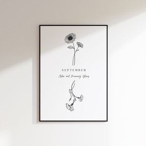 September Birth Month Flower Wall Art | Minimalistic Birthday Gift | Aster Morning Glory | A4 Instant PDF Digital Download Print