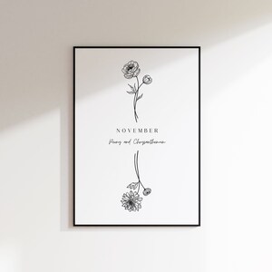Arte murale floreale del mese di nascita di novembre / Regalo di compleanno minimalista / Peonia Crisantemo / Stampa digitale PDF istantanea A4