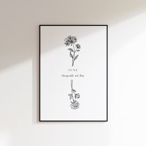 June Birth Month Flower Wall Art | Minimalistic Birthday Gift | Honeysuckle Rose | A4 Instant PDF Digital Download Print
