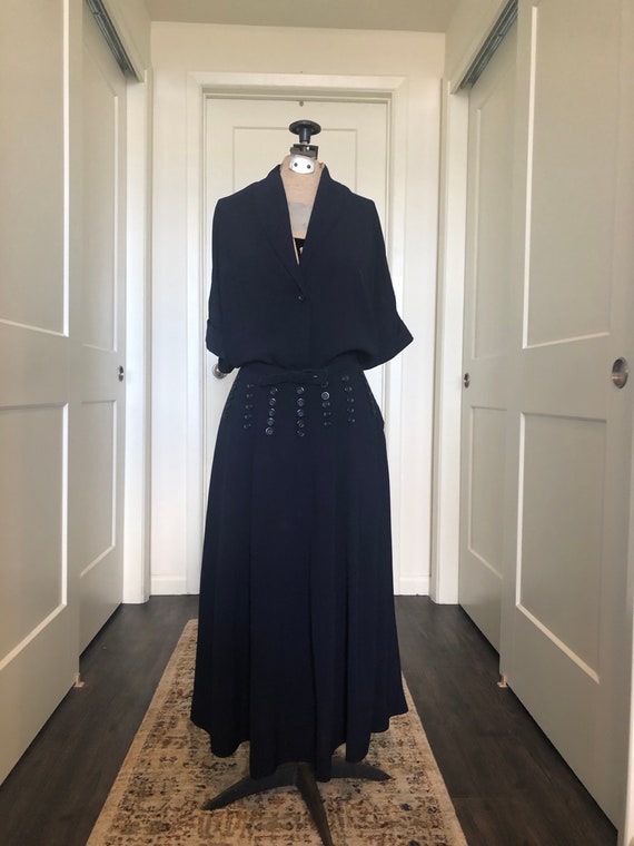 1940's, Navy Blue Rayon Crepe Button Dress