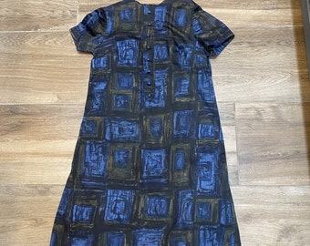 1960's Abstract Dark Blue Print Short Sleeve Day Dress