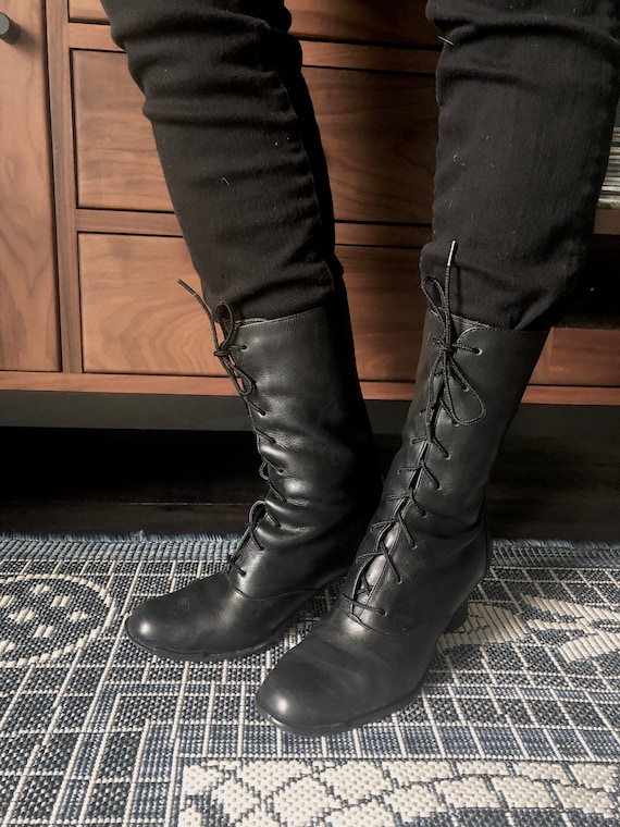 Granny Leather Lace Up Mid Calf Boots