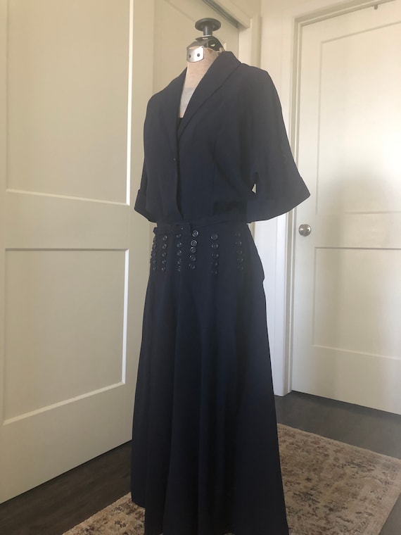 1940's, Navy Blue Rayon Crepe Button Dress