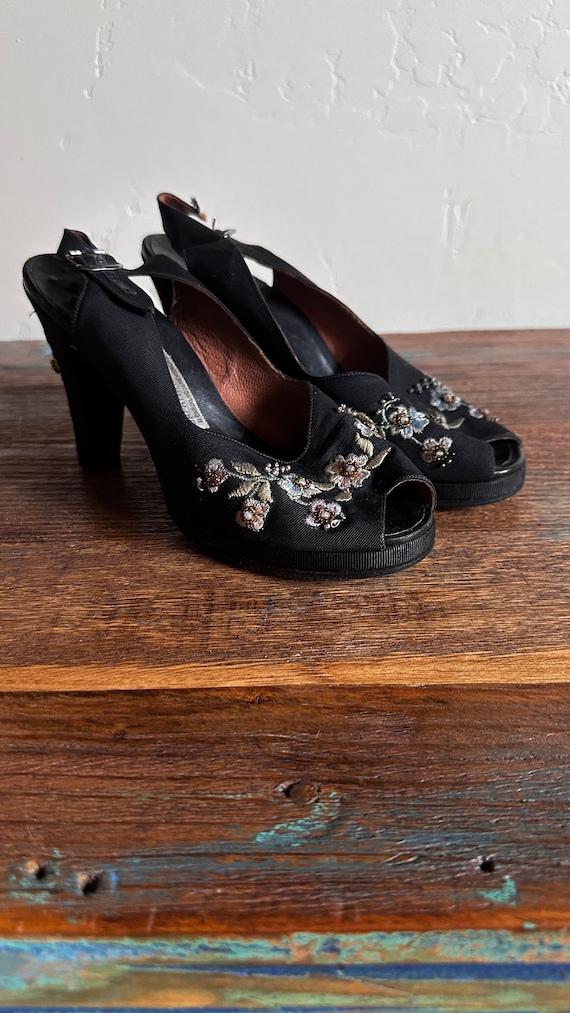 1940's Black Silk Blend Slingback Shoes , with one