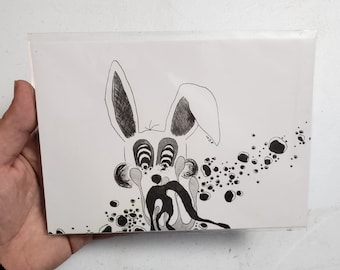 Creepy Bunny 5" x 7" Print / Black and White / Spooky Rabbit