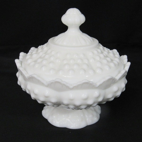 FENTON Vintage Signed Fenton Milk Glass Hobnail Pedestal Crown Edge Candy Dish with Lid