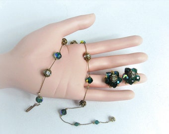 Emerald Green Faceted Glass Bead Necklace And Earring Set Golden Orbs And Rhinestone Vintage Dainty Parure Set With Clip-On Earrings