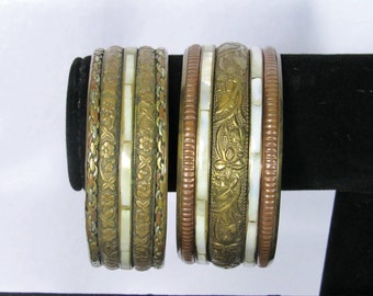Vintage Two Brass and Mother of Pearl Cuff Bracelets
