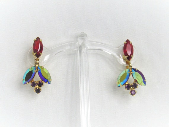 JULIANA Vintage, Juliana Rhinestone Clip-On Earrings, Juliana Gold Tone Earrings, Red and Purple Juliana Earrings