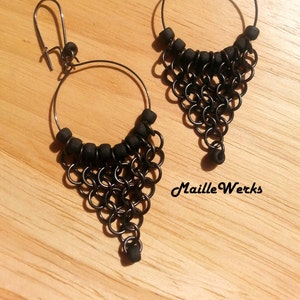 Long Chainmaille Black Gunmetal Beaded Hoop Earrings Chandelier Biker Girl Chic Renaissance Gothic Medieval Unique Chain Mail Jewelry