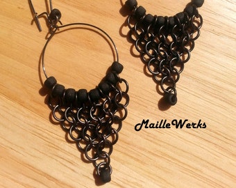 Long Chainmaille Black Gunmetal Beaded Hoop Earrings Chandelier Biker Girl Chic Renaissance Gothic Medieval Unique Chain Mail Jewelry