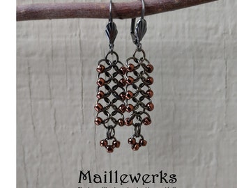 Bronze Glass & Gunmetal Earrings Micro Chainmaille Medieval Renaissance Chain Mail Artisan Jewelry Jewellery by Hanan Hall of Maillewerks