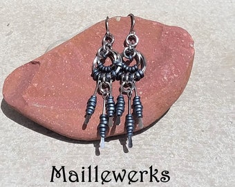 Denim Blue Glass & Silver Stainless Steel Dangle Drop Earrings, Blue and Silver Southwest Beaded Earrings, Hanan Hall Jewelry, Maillewerks