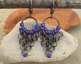 Peacock Blue Iris Glass Bead & Gunmetal Earrings, Hoop Dangle Chainmaille Drop Earrings, Hanan Hall Jewelry, Maillewerks