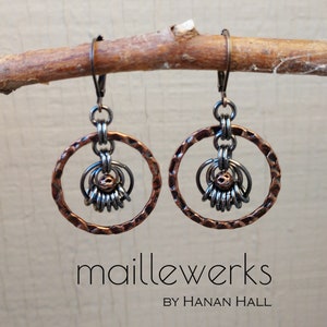 Mixed Metal Chainmaille Hoop Drop Earrings in Antiqued Copper & Antiqued Gunmetal Silver Handcrafted by Hanan Hall Maillewerks Jewelry image 2