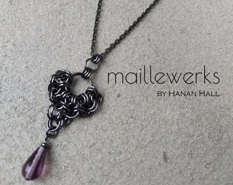 Amethyst Purple Glass Teardrop & Gunmetal Black Chainmaille Pendant Necklace Renaissance February Birthday Gift Hanan Hall Maillewerks